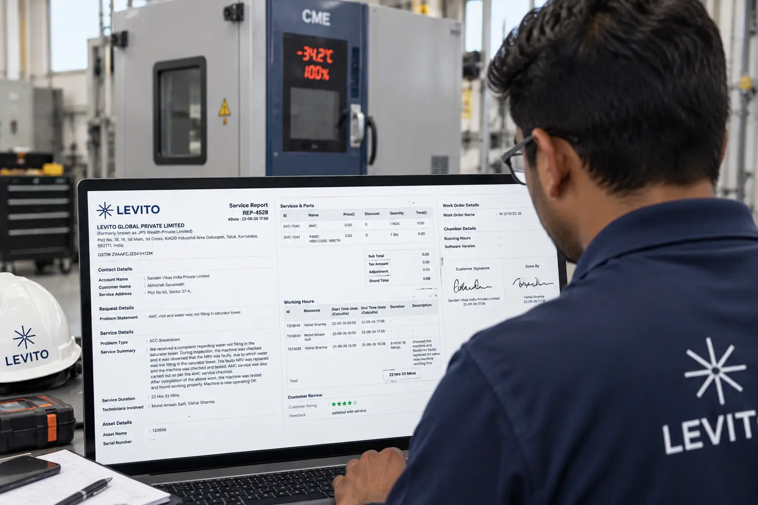 Levito digital service report showing equipment repair details, technician records and customer service documentation