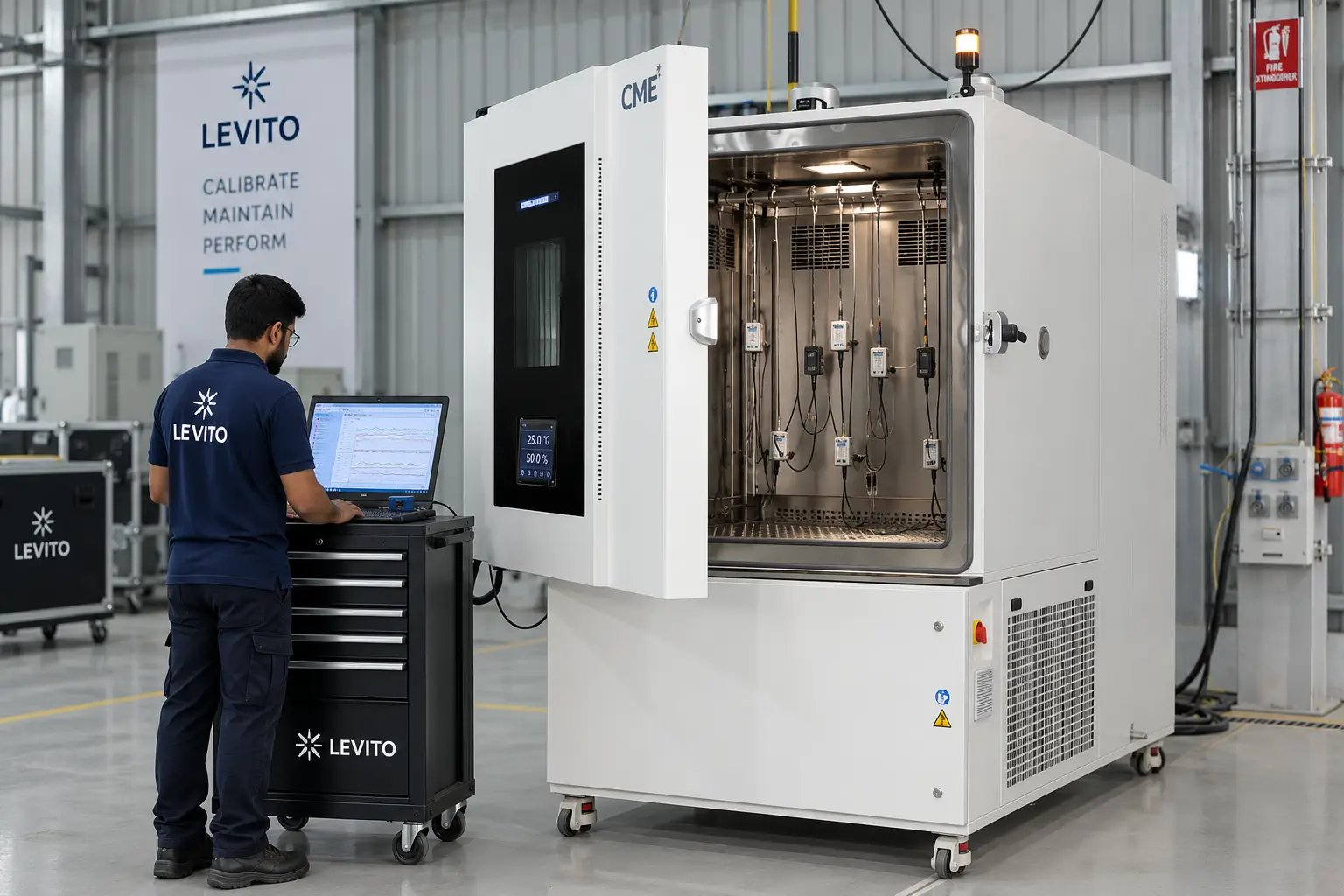 Levito technician performing multi-point temperature and humidity calibration inside an environmental test chamber