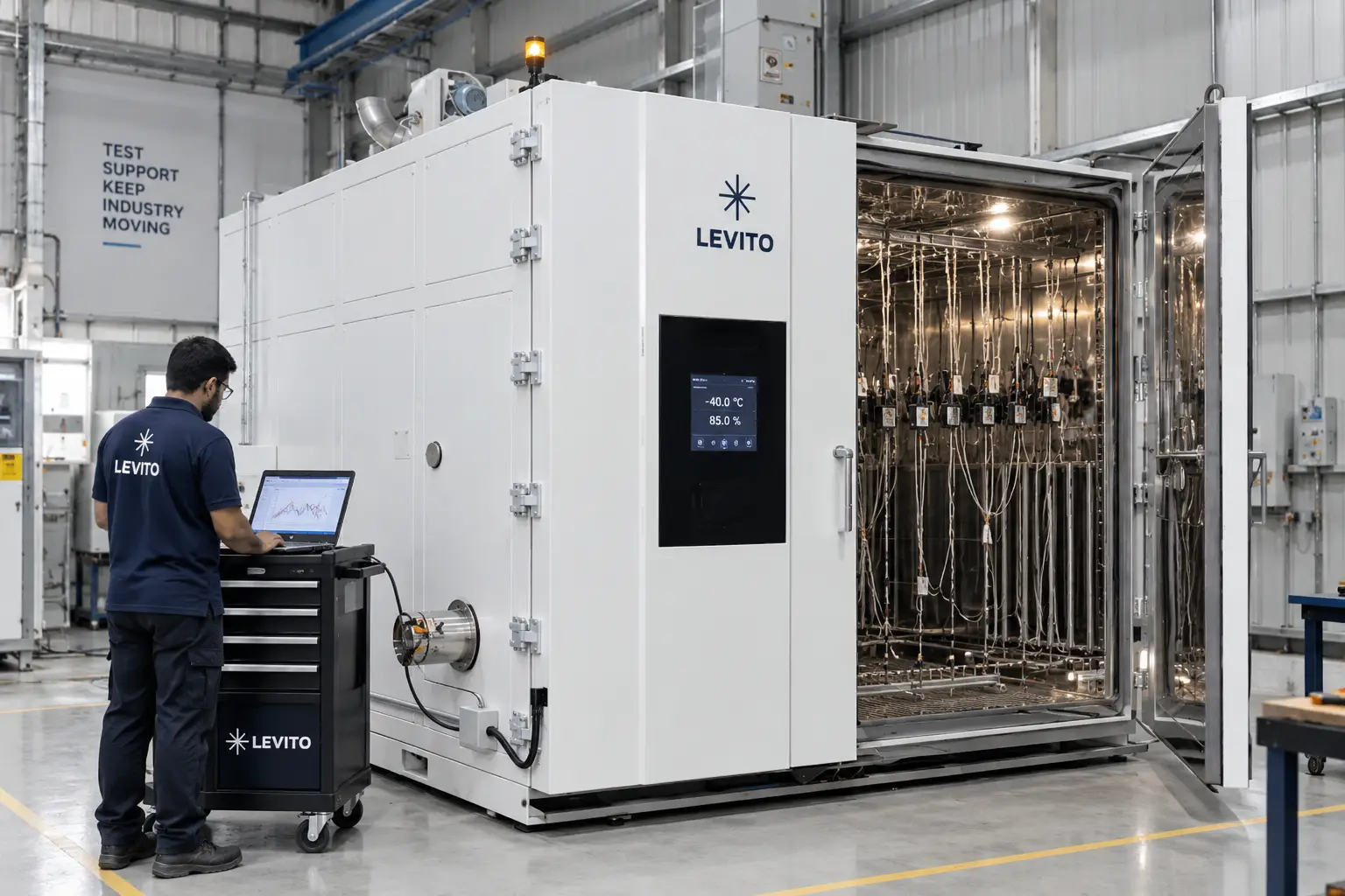 Levito technician performing calibration and multi-point sensor mapping inside an environmental test chamber
