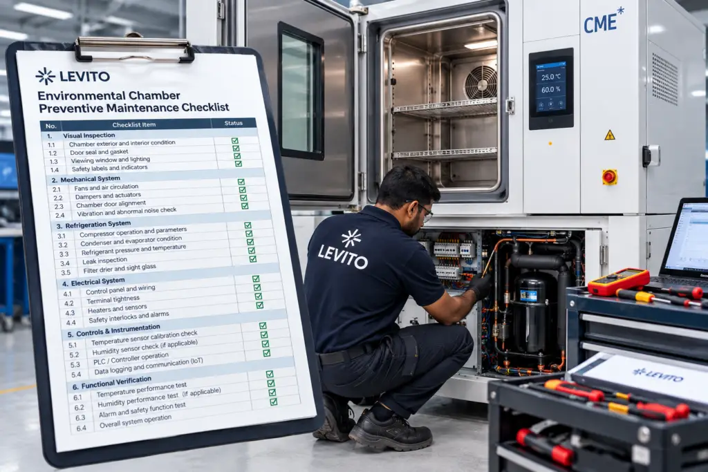 Levito technician performing preventive maintenance on an environmental test chamber using a structured maintenance checklist