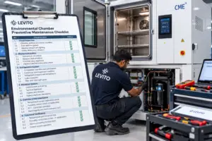 Levito technician performing preventive maintenance on an environmental test chamber using a structured maintenance checklist