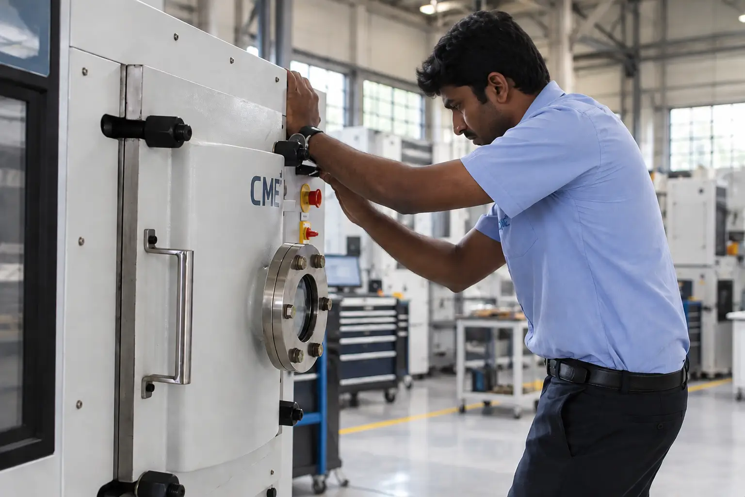 Technician servicing an industrial environmental test chamber